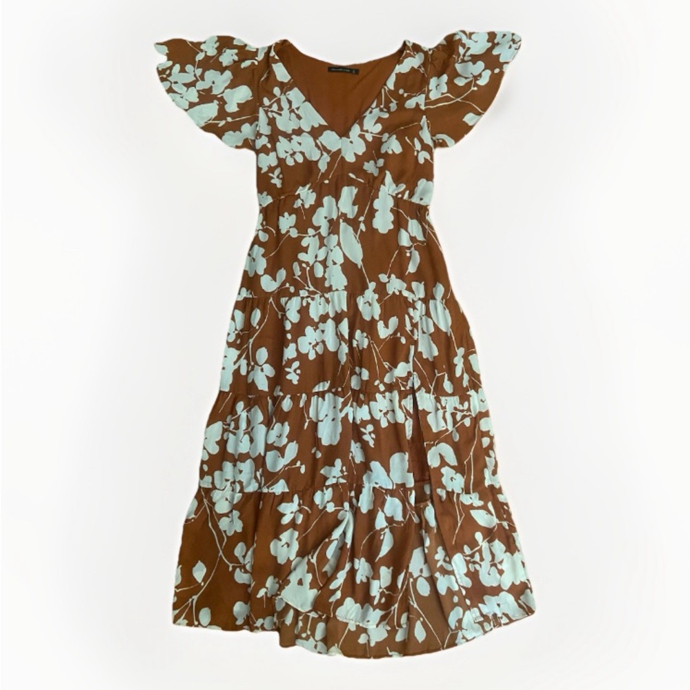 Abercrombie & Fitch Brown Maxi Dress with Light Blue Floral Print